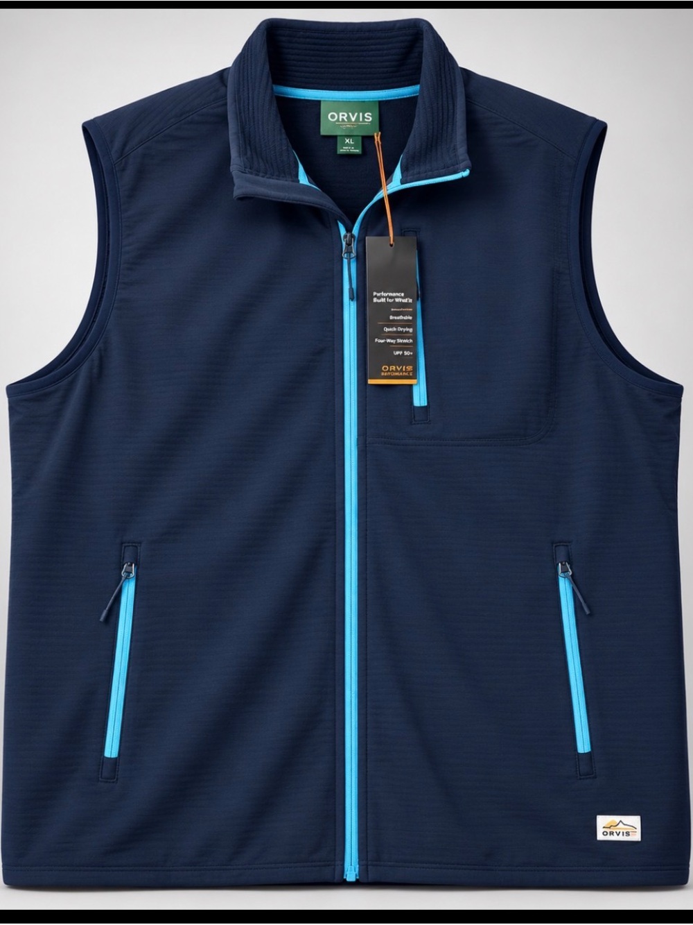 Orvis Men's Navy Vest with Bright Blue Zippers